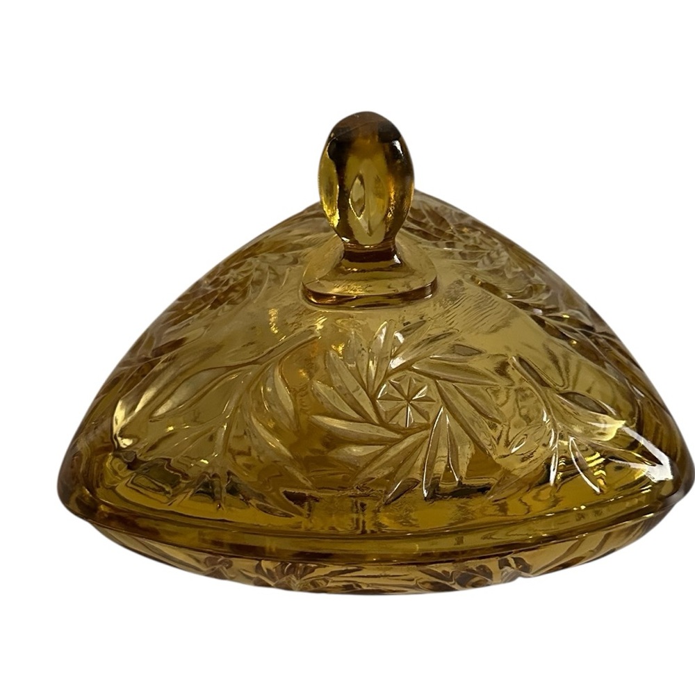 Vintage Amber Cut Glass Candy Dish Trinket Triangle Lidded Etched